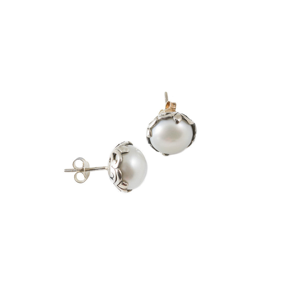 
            
                Load image into Gallery viewer, Sterling Silver Fillagree Pearl Stud Earrings -- Sea Lustre Jewelry
            
        