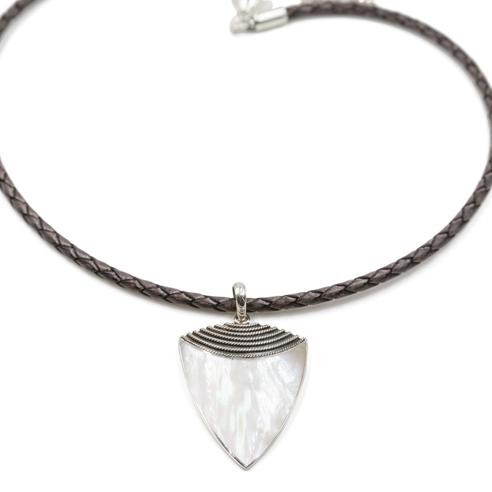 Leather + Mother of Pearl Sheild Necklace -- Sea Lustre Jewelry